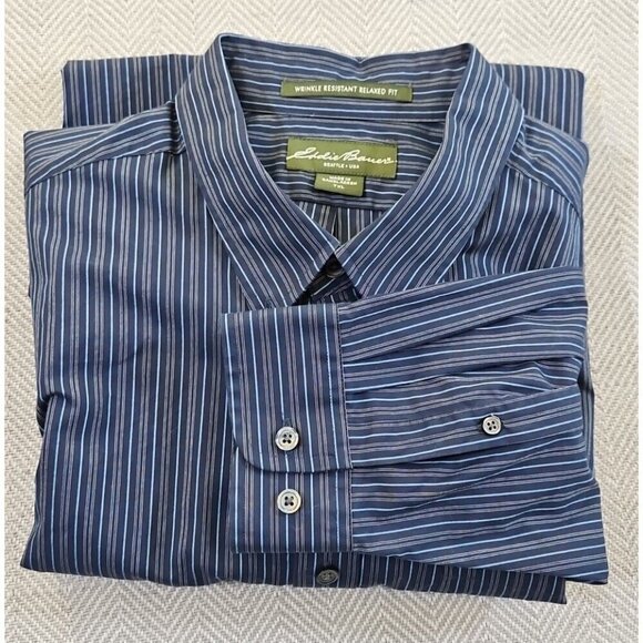 Eddie Bauer Long Sleeve Shirt Men's Tall TXL Blue Stripe Non-Wrinkle Relaxed Fit - Picture 14 of 14